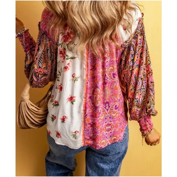 03 Boho Floral Print Button down Cottagecore Blouse - Picture 2 of 4